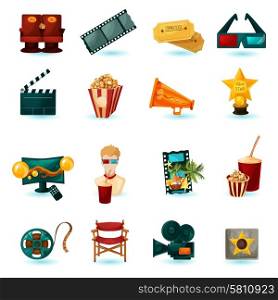 Cinema cartoon icons set with 3d glasses film reel popcorn isolated vector illustration. Cinema Icons Set