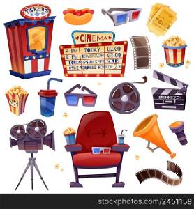 Cinema cartoon icons set with camera, film, clapper, drink and snacks, armchair, glasses, tickets isolated vector illustration. Cinema Cartoon Set