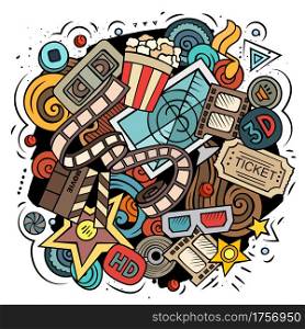Cinema cartoon vector doodle design. Colorful detailed composition with lot of movie objects and symbols. All items are separate. Cinema cartoon vector doodle design