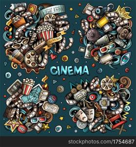 Cinema cartoon vector doodle designs set. Colorful detailed compositions with lot of movie objects and symbols. All items are separate. Cinema cartoon vector doodle designs set.