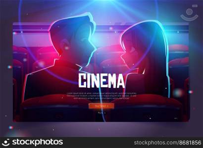 Cinema cartoon web banner, loving couple in movie theater, man and woman look on each other sitting in empty hall front of glowing screen with film, buying tickets online service vector webpage design. Cinema cartoon web banner, couple in movie theater