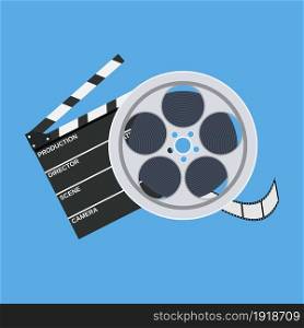 cinema clap and film reel. Vector illustration in flat style. cinema clap and film reel