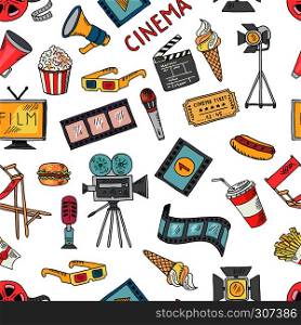 Cinema collection set. Vector seamless pattern of cinematography elements. Background with video cinematography, movie and entertainment illustration. Cinema collection set. Vector seamless pattern of cinematography elements