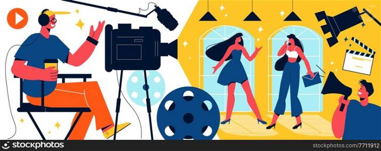 Cinema composition with view of film set with actresses and production crew with camera lighting equipment vector illustration. Cinema Shooting Horizontal Composition