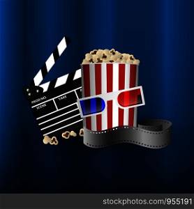 Cinema concept element, film strip, popcorn bucket, clapperboard and 3D glasses, vector illustration