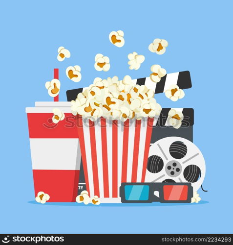 Cinema concept poster with popcorn, drink, film strip clapperboard and 3d glasses. Movie time. Vector stock