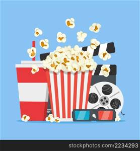 Cinema concept poster with popcorn, drink, film strip clapperboard and 3d glasses. Movie time. Vector stock