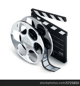 Cinema concept realistic with clapboard and film reel 3d vector illustration