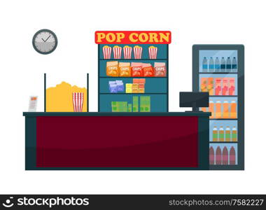 Cinema counter of seller vector, snacks and beverages. Nutrition during watching films, popcorn and bottles with juice and soda, chips fried potato. Cinema Counter of Seller, Snacks and Beverages