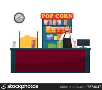Cinema counter with seller selling food, vector, snacks and beverages. Popcorn and bottles with juice and soda, chips fried potatoes , clock and vender. Cinema Counter Seller Selling Food. Vector Snacks