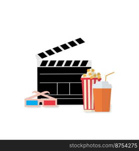 Cinema design. Movie illustration with popcorn, water, glasses. Movie time. Vector illustration