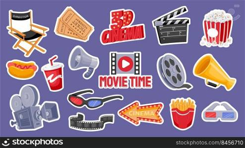 Cinema elements. Cartoon movie production and cinema theater 3D stickers of clapper popcorn camera tickets film bobbin. Vector motion icons isolated set. Illustration of movie cinematography elements. Cinema elements. Cartoon movie production and cinema theater 3D stickers of clapper popcorn camera tickets film bobbin. Vector motion picture icons isolated set