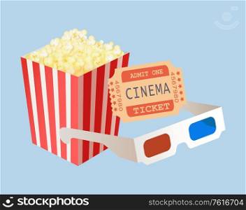 Cinema elements vector, tickets access with numbers and code, 3d glasses for watching special effects and popcorn snack in package with red stripes. Cinema Tickets, Package of Popcorn and Glasses