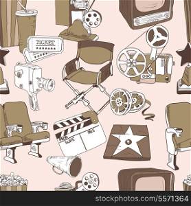 Cinema entertainment decorative seamless pattern with camera film projector ticket and director chair design elements vector illustration