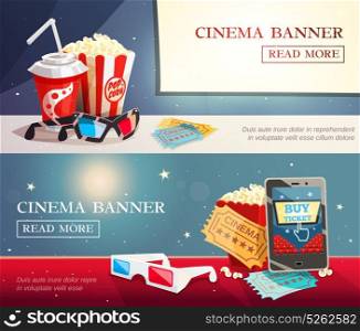 Cinema Entertainment Flat Horizontal Banners. Cinema entertainment flat horizontal banners with decorative elements of modern cinematography in retro style vector illustration