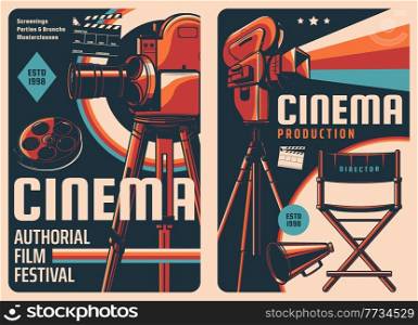 Cinema festival and movie production posters. Movie theatre screenings, video studio vector vintage banners with cinema camera on tripod, film reel and clapper, movie director chair and loudspeaker. Cinema festival and movie production posters