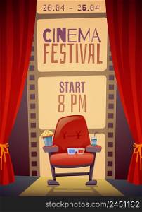 Cinema festival vertical poster with curtain, armchair with food, 3d glasses on film strip background vector illustration . Cinema Festival Vertical Poster