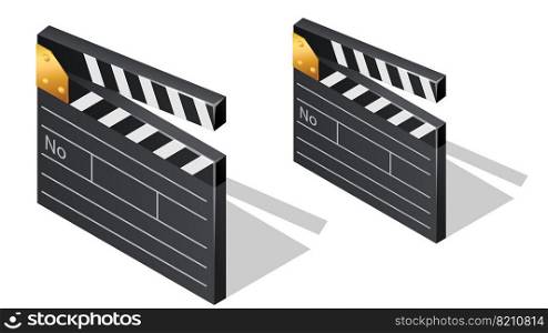 Cinema film clapperboards isometric icons with shadow cartoon vector illustration isolated on white background. Movie industry element, clapper for shooting footages or movie scenes. Cinema film clapperboards isometric icons