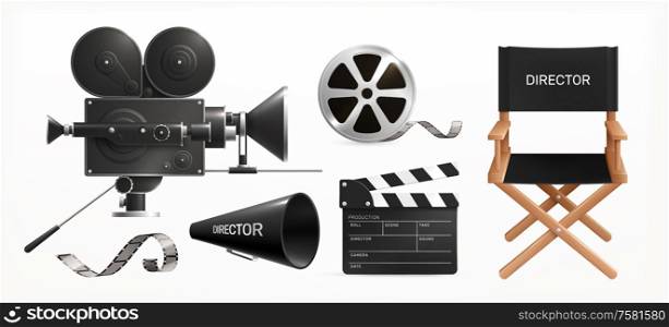 Cinema film production realistic set of isolated images with clapper reel and camera with directors chair vector illustration