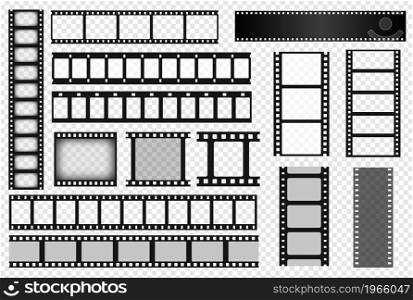 Cinema film strips, old movie reel frame, filmstrip roll. Vintage photo or video camera tape template, blank negative films strips vector set. Retro monochrome border isolated on transparent