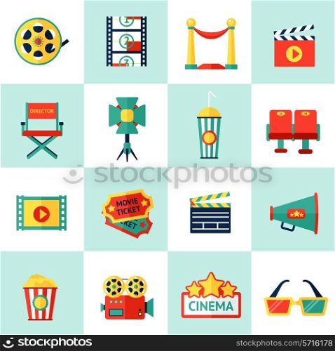 Cinema filmmaking icons set with film equipment and movie production isolated vector illustration