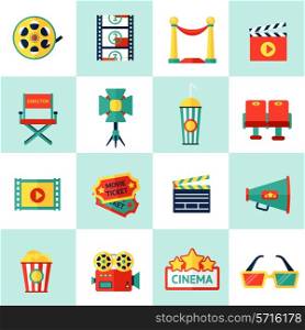 Cinema filmmaking icons set with film equipment and movie production isolated vector illustration