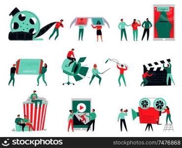 Cinema flat icons set with film making team various equipment and audience isolated on white background vector illustration