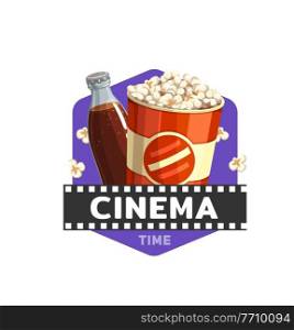 Cinema food icon with movie film, popcorn and drink, vector. Cinema theatre or movie theater fast food bistro or snacks bar sign with popcorn bucket and soda drink bottle. Cinema food, movie snacks bistro or popcorn bar
