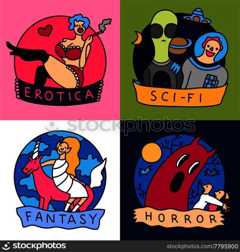 Cinema genres concept  4 colorful icons with science fiction horror fantasy and erotic movies isolated vector illustration . Cinema Genres Concept 