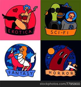 Cinema genres concept  4 colorful icons with science fiction horror fantasy and erotic movies isolated vector illustration . Cinema Genres Concept 