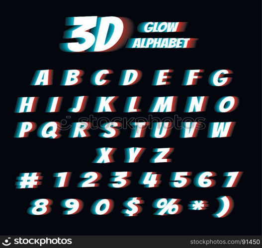 Cinema glasses 3d film effect alphabet. Cinema glasses 3d film digital glitch distortion effect vector illustration