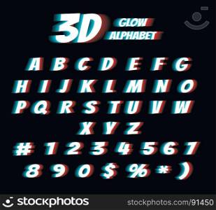 Cinema glasses 3d film effect alphabet. Cinema glasses 3d film digital glitch distortion effect vector illustration