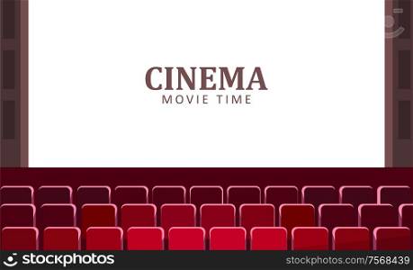 Cinema hall with wide screen and red rows of seats vector. Empty chairs in movie, entertainment room interior, chairs in concert musical opera, premiere. Cinema Hall with Wide Screen and Red Rows Vector