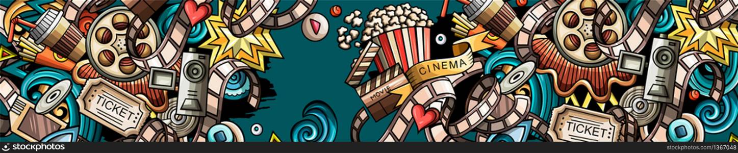 Cinema hand drawn doodle banner. Cartoon detailed flyer. Movie identity with objects and symbols. Color vector design elements background. Cinema hand drawn doodle banner. Cartoon detailed flyer.
