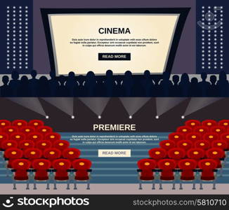 Cinema horizontal banner set with viewers in auditorium and screen flat elements isolated vector illustration. Cinema Banner Set