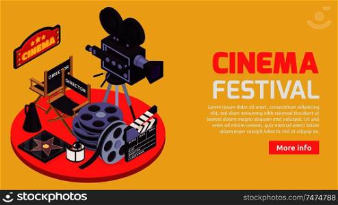 Cinema horizontal banner with isometric images of professional movie making tools with editable text and button vector illustration