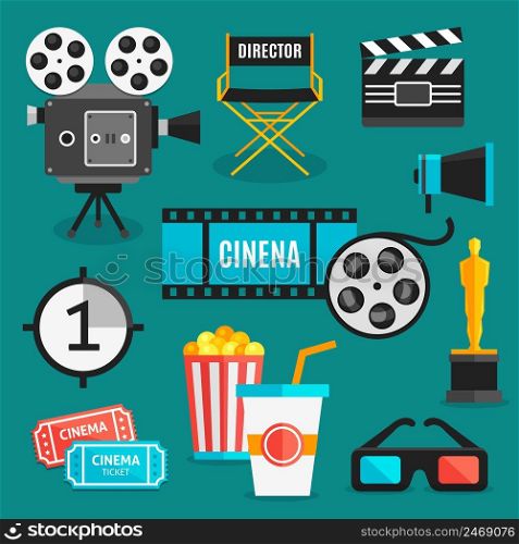 Cinema icon set with equipment for filming movies awards and accessories for viewing films vector illustration. Cinema Icon Set