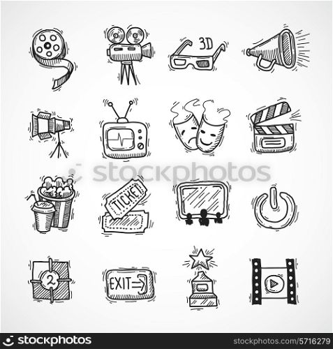 Cinema icons hand drawn set with film strip clapperboard ticket isolated vector illustration