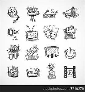 Cinema icons hand drawn set with film strip clapperboard ticket isolated vector illustration