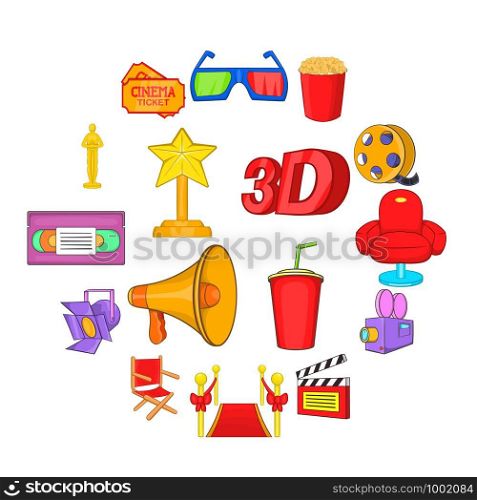 Cinema icons in cartoon style. Movie set collection isolated vector illustration. Cinema icons set, cartoon style
