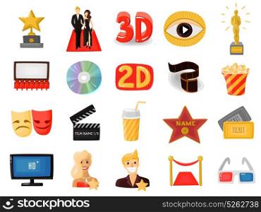 Cinema Icons Set. Set of colored cinema icons with actors on red carpet movie auditorium 3d glasses flat vector illustration