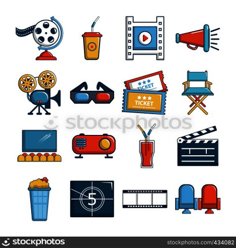 Cinema icons set symbols. Cartoon illustration of 16 cinema symbols vector icons for web. Cinema icons set symbols, cartoon style