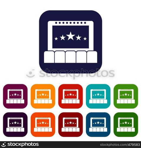 Cinema icons set vector illustration in flat style in colors red, blue, green, and other. Cinema icons set