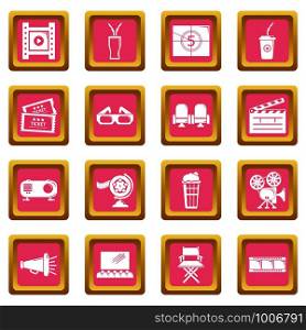 Cinema icons set vector pink square isolated on white background . Cinema icons set pink square vector