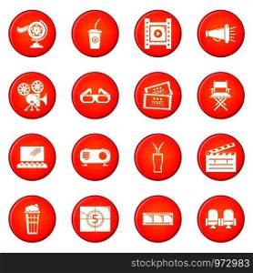 Cinema icons set vector red circle isolated on white background . Cinema icons set red vector