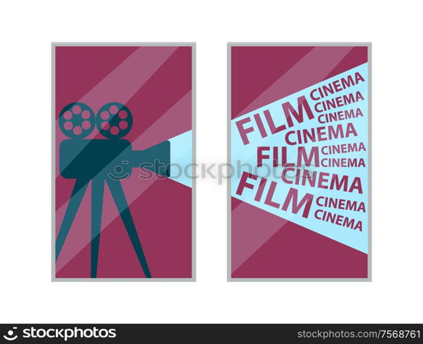 Cinema interior element, old video camera with film reels picture vector. Decor in frame, movies theater hall, image with motion picture shooting device. Wall Picture of Old Video Camera with Film Reels