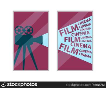 Cinema interior element, old video camera with film reels picture vector. Decor in frame, movies theater hall, image with motion picture shooting device. Wall Picture of Old Video Camera with Film Reels
