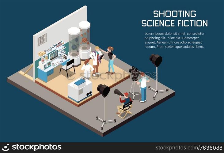 Cinema isometric composition with view of filming location with editable text and people with light cameras vector illustration