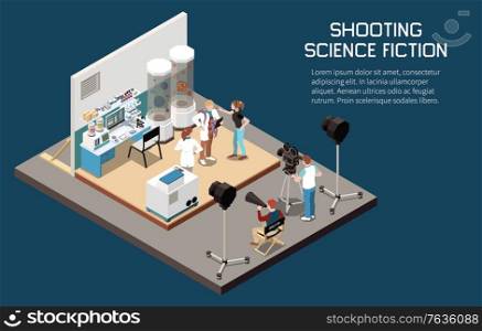 Cinema isometric composition with view of filming location with editable text and people with light cameras vector illustration