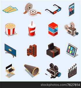 Cinema isometric icons collection with isolated images of filming equipment tickets and reel on blank background vector illustration